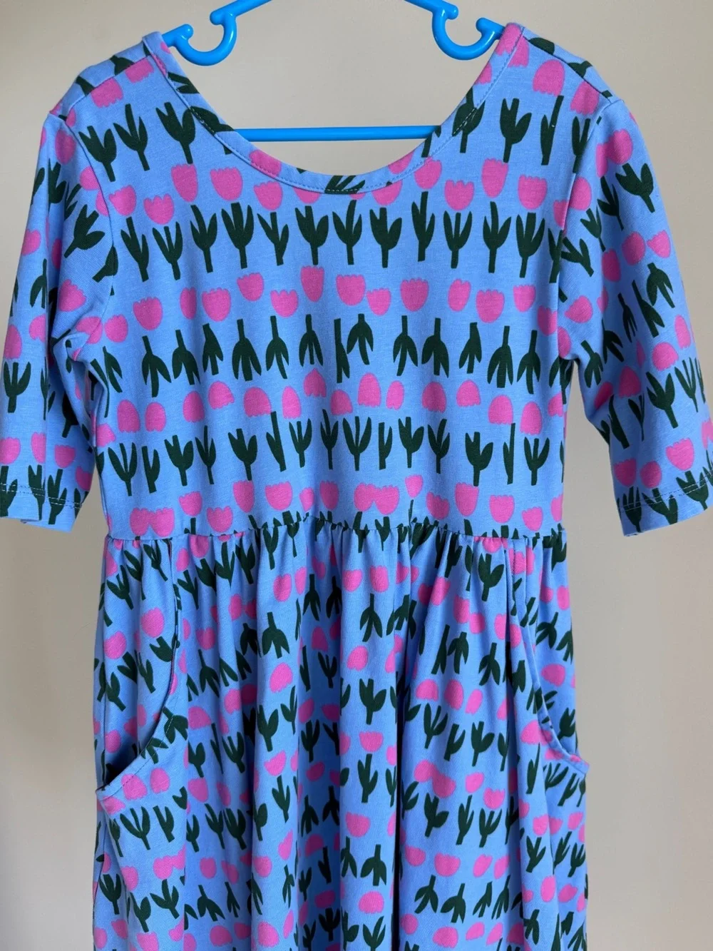 Hanna Andersson Girls Skater Dress Size 8 Blue Pink Tulip Print Pockets Cotton